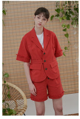 Tailored Linen Blazer with Frayed Cuff Detail and Belted Waist